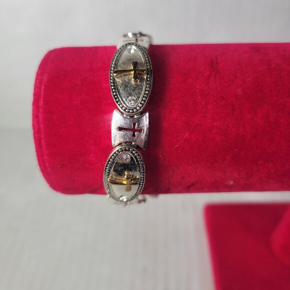 Silver & Gold-Tone Cross Bracelet With Oval Links & Toggle Clasp - Picture 2 of 4